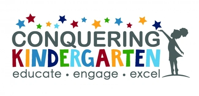 An illustrated image showing the words "Conquering Kindergarten: educate, engage, excel"