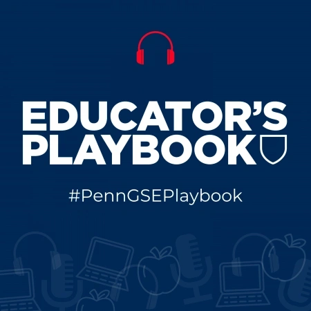 Cover artwork for Season One of the new Educator's Playbook podcast, featuring the title, series hashtag and little icons such as headphones, microphones and laptops ghosted against a navy blue background.