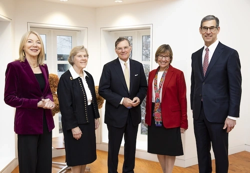 From left, Penn President Amy Gutmann, Sue McGraw, Harold McGraw III, Penn GSE Dean Pam Grossman, and Catalyst @ Penn GSE Director Michael Golden standing together for a group photo.