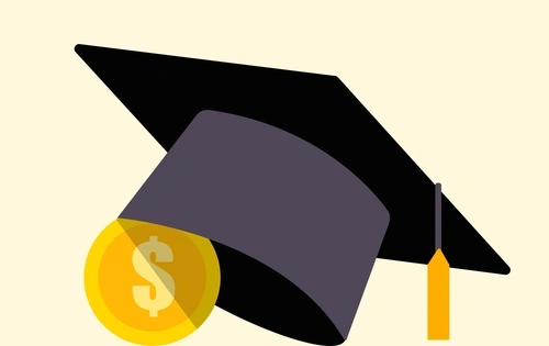 A black graduation cap with a yellow tassel and a gold coin with a dollar sign, representing education and finances
