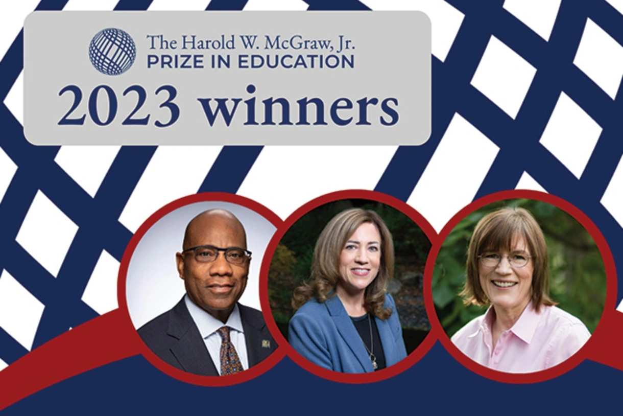 Superimposed over the McGraw Prize logo are three overlapping circles depicting 2023 prize winners, from left to right, Morgan State University President Dr. David Wilson, Superintendent of the Los Angeles County Office of Education Dr. Debra Duardo, and Oakland University Distinguished Professor of Engineering Dr. Barbara Oakley.