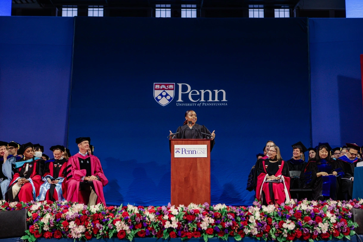 Candid shot of Quinta Brunson's speech at commencement ceremony