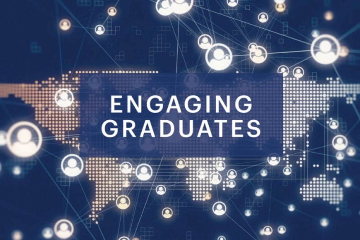 A digital world map lit up by several points of light against a navy blue background. Icons symbolizing people are linked by beams across the map and beyond. A headline reads, “Engaging Graduates.”