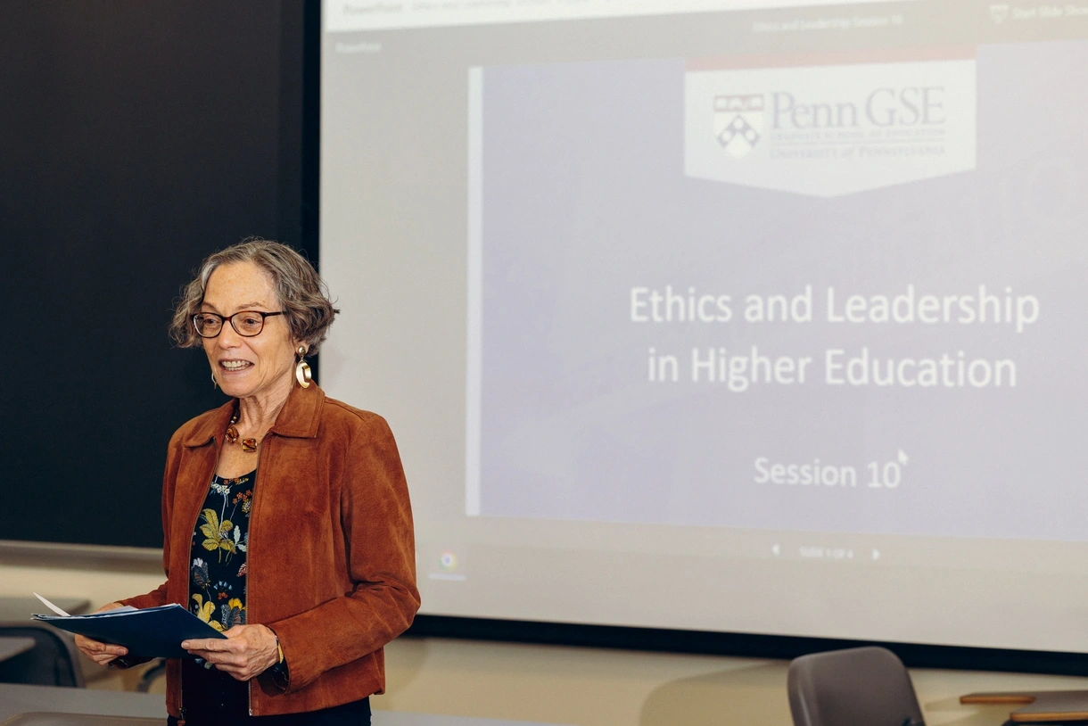 Julie Wollman teaching Ethics and Leadership in Higher Education at Penn GSE.