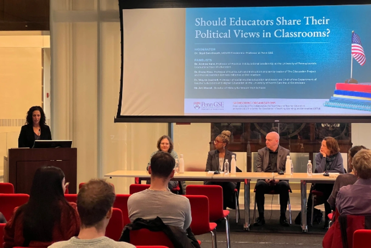 Penn GSE Dean Katharine Strunk delivers opening remarks at the panel discussion.