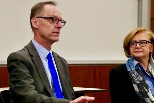 Two of the policy brief co-authors Scott  Pattison, left, and Joni Finney, right,  speaking at Penn GSE in November, 2019. 