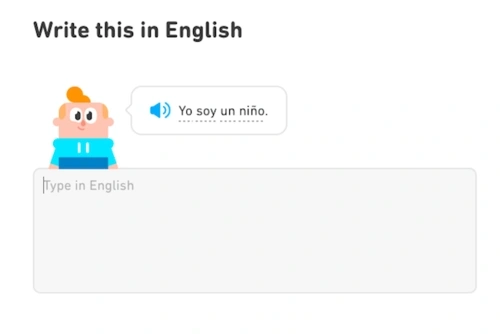 A screen shot from a language learning game, asking the player to translate "Yo soy un niño" into English.