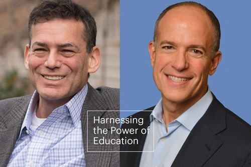 Headshots of David Roberts (left) and Doug Korn (right) appear with a boxed headline that says “Harnessing the Power of Education.”