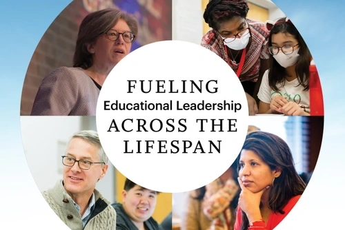 A disc with four images of educators and students with the title “Fueling Educational Leadership Across The Lifespan” in the center.