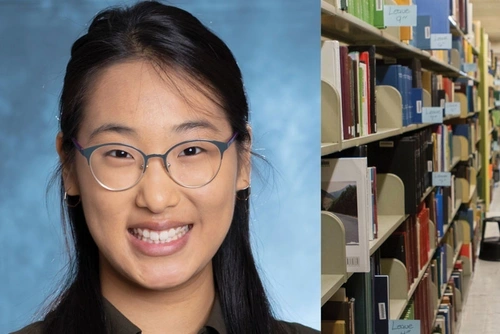 Headshot of Anna Kim next to an image of two long shelves stacked with books in a library