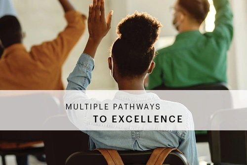 Text "Multiple Pathways to Excellence" with students raising their hand in the background