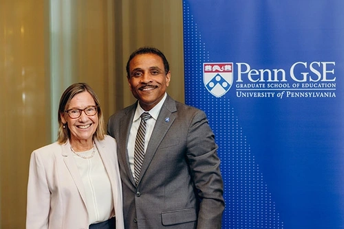 Penn GSE Dean Pam Grossman (left) and the School District of Philadelphia’s new superintendent, Tony B. Watlington (right)