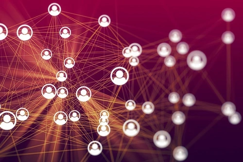 Icons symbolizing people are lit up against a red background and linked by criscrossing lines.