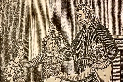 Woodcut illustration of adult teaching children