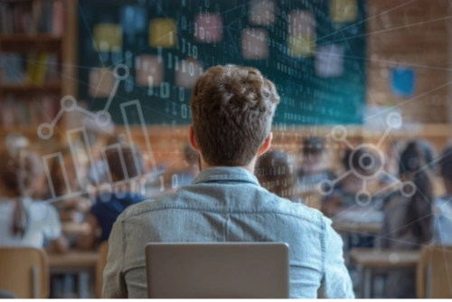 A man sits in a classroom with digital data graphics overlaying the scene, symbolizing a data-driven learning environment