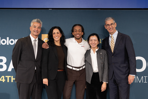 The 2025 Milken–Penn GSE EBPC winner poses with competition representatives, from left: Catalyst @ Penn GSE's John Gamba, Penn GSE Dean Katharine Strunk, Rézme co-founder and CEO Jodi Anderson, Jr., EJ Milken, and Vice Dean of Innovative Programs for Catalyst @ Penn GSE L. Michael Golden