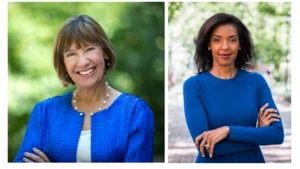 Dean Pam Grossman, of the Graduate School of Education, left, and Dean Erika James, of the Wharton School.