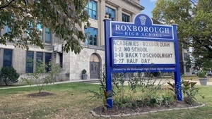 The school sign in front of Roxborough High School