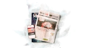 An illustration of a smartphone, magazine, and newspaper with a coronavirus image.